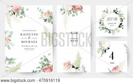 Peachy Pink Rose, White Orchid, Peony, Ranunculus, Eucalyptus, Greenery, Pampas Grass, Fern Vector D