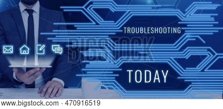 Sign Displaying Troubleshooting. Business Overview An Act Of Investigating Or Dealing With In The Pr