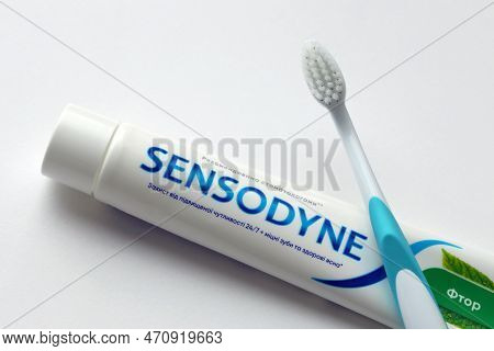 Kyiv, Ukraine - May 4, 2022 Sensodyne Fluorine Or Fluor Is A Daily Fluoride Toothpaste That Helps Pr