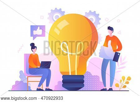 People With Good Idea. Man And Woman Near Big Light Bulb, Innovation And Idea, Creativity. Entrepren