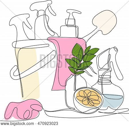 Continuous One Line Drawing Of Bottles For Liquid Laundry Detergent, Bleach, Fabric Softener, Dishwa