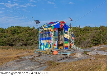 Hvaler, Norway - October 27, 2016: Shed Made From Ocean Drift Plastic Recycling Environment Conserva