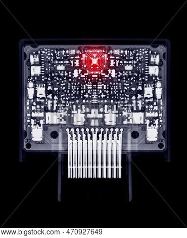X-ray Image Of Engine Control Unit Or Ecu In Motorcycle Or Bigbike.
