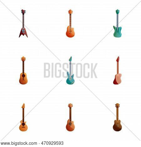 Rock Guitar Icon Set. Cartoon Set Of 9 Rock Guitar Icons For Web Design Isolated On White Background