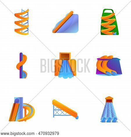 Aquapark Funny Slide Icon Set. Cartoon Set Of 9 Aquapark Funny Slide Icons For Web Design Isolated O