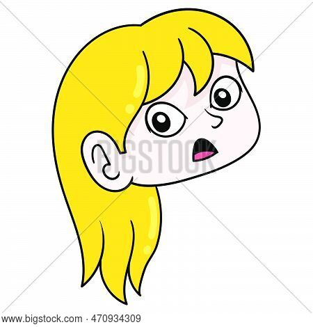Cute Girl Blonde With Gawk Face, Vector Illustration Carton Emoticon. Doodle Icon Drawing
