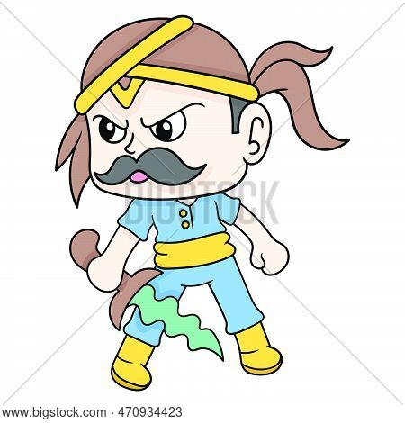 Boy Wearing Traditional Clothes Angry Face Carrying Traditional Weapons, Vector Illustration Art. Do