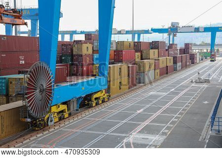 Haifa, Israel - October 11, 2021: An Empty Road At The Container Terminal In The Port.
