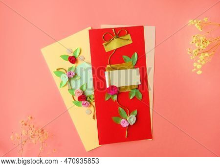 Red Greeting Card With Blank On Pink Background For Holiday