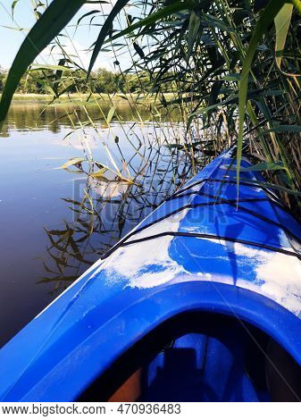 Blue Kayak In The Reed Beds On The Surface Of The Water On A Summer Morning.