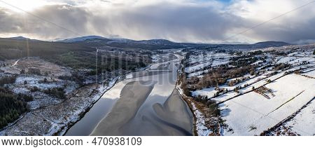 Aerial View Of Snow Covered Gweebarra River Between Doochary And Lettermacaward In Donegal - Ireland
