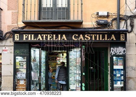Madrid, Spain - October 11, 2020: Shop Window Of A Traditional Philately Store In The Center Of Madr