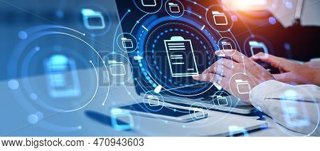 Businesswoman Hands Working With Laptop, Double Exposure With Online Documentation System And Busine