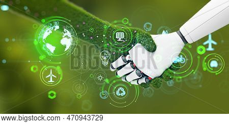 Robot And Grass Hand Agreement, Technology And Nature Handshake. Earth Sphere Hologram And Glowing E
