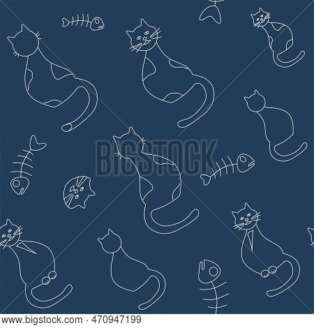 Cats And Fish Skeletons Are Drawn With A White Line Pattern Without Background