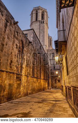 The Historic Barrio Gotico In Barcelona At Twilight With The Cathedral