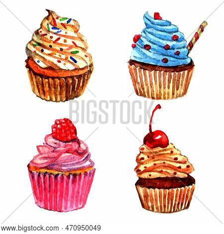 Delicious Cupcakes With Vanilla Raspberry Whipped Cream Sprinkled Filling Watercolor Pictograms Coll