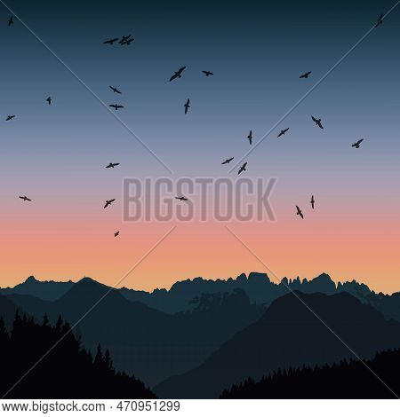 Birds Flying Over The Mountain In Sunset Vector Landscape Illustration