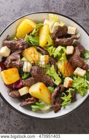Warm Salad With Gizzards, Potatoes, Lettuce, Onions And Croutons Close-up In A Plate On The Table. V