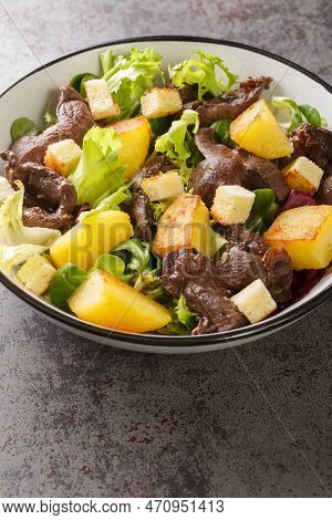 French Hot Salad With Gizzards Or Salade Chaude Aux Gesiers Close-up In A Plate On The Table. Vertic