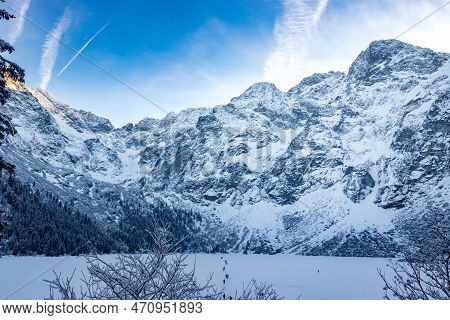 View Of The Mountain Range From Morskie Oko. Morskie Oko Mountain Lake In High-tatras, Poland.