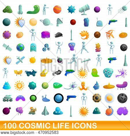 Cosmic Life Icons Set. Cartoon Set Of 100 Cosmic Life Icons For Web Isolated On White Background