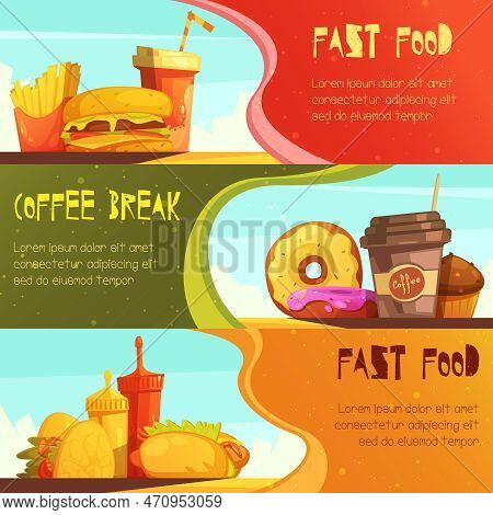 Fast Food Restaurant Advertisement Horizontal Banners Set With Coffee Break Meal Offer Isolated Retr