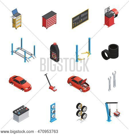 Car Maintenance Autoservice Isometric Icons Set With Garage Equipment Tools Auto Parts Engine Oil Is