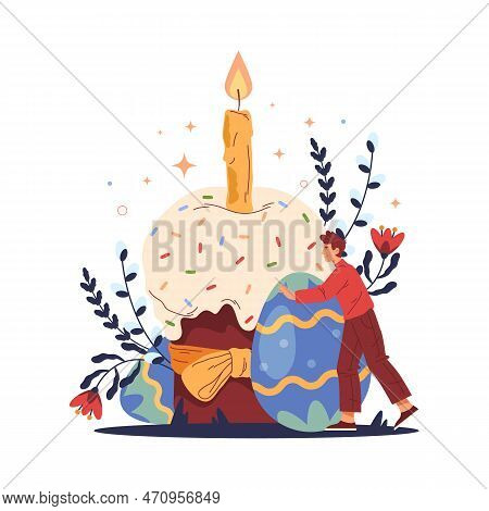 Easter Holiday Celebration. Vector Banner Or Clipart. Character Man Preparates For Easter Holiday. P