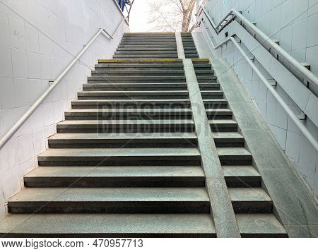 Steps Close To Going Up. Close Up View Of Design Of Old Stone Staircase Going Up.