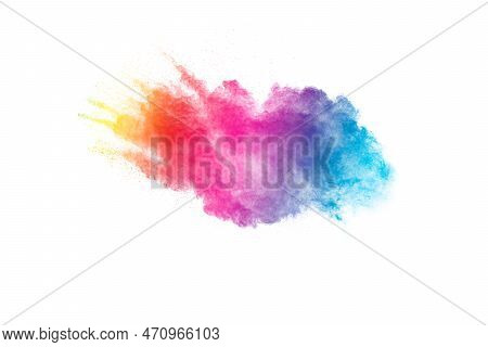 Multicolored Powder Explosion On White Background. Color Dust Splah.