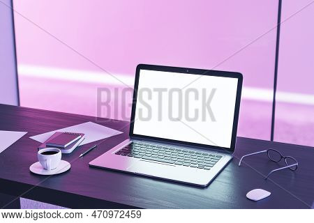 Top Perspective View On Blank White Modern Laptop Screen With Place For Web Design Or Web Site On Da