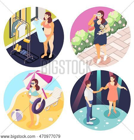 Large Obese People 4 Round Isometric Composition With Buying Plus Size Clothing Dating Beach Fashion