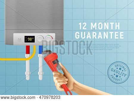 Realistic Water Heater Boiler Domestic Plumbing Advertising Poster With Human Hand Hot Water Tank An