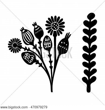 Folkart Flower Vector Illustration Set . Botanical Kids Scandi Garden Botanicals Collection.