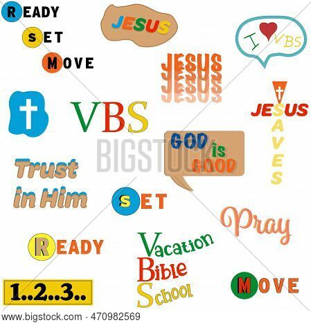 Vacation Bible School (vbs) Mixed Religious Symbols Sticker Set. Christian Camp Concept.