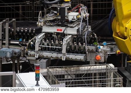 Production Of Cremant Sparkling Wine In Burgundy, France. Automatically Powered Bottling Lines On Fa