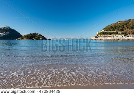 White Sandy La Concha Beach In Central Part Of Donostia Or San Sebastian City, Basque Country, Spain