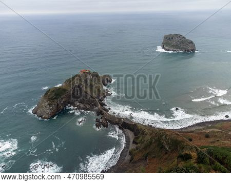 Atlantic Ocean Coastline Near Famous Landmark And Film Location In North Of Spain, Ocean Islet With