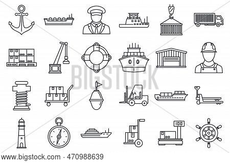 Marine Port Transport Icons Set. Outline Set Of Marine Port Transport Icons For Web Design Isolated 