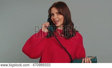 Hey You, Call Me Back. Pretty Young Woman In Sweater Talking On Wired Vintage Old-fashioned Retro Te
