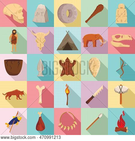 Stone Age Icons Set. Flat Set Of Stone Age Icons For Web Design