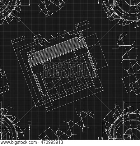 Mechanical Engineering Drawings On Black Background. Cutting Tools, Milling Cutter. Technical Design
