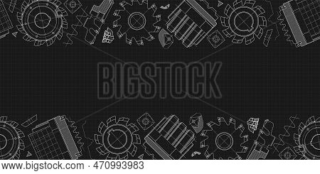 Mechanical Engineering Drawings On Black Background. Cutting Tools, Milling Cutter. Technical Design