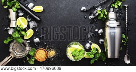 Mojito Or Caipirinha Cocktail And Mocktail Preparation Ingredients: Mint, Sugar, Lime, Ice And Steel