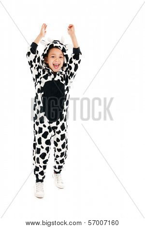 Little boy dressed as cow isolated over white background