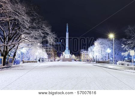 Freedom Monument In Riga At Winter Night