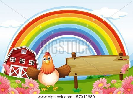 Illustration of a farm with an empty wooden board and a rainbow above