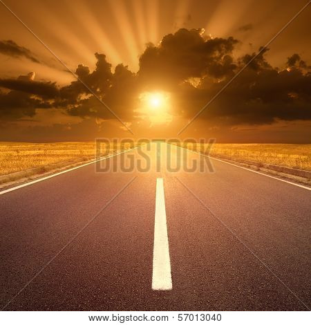 Driving On Asphalt Road At Sunset Towards The Sun Iv