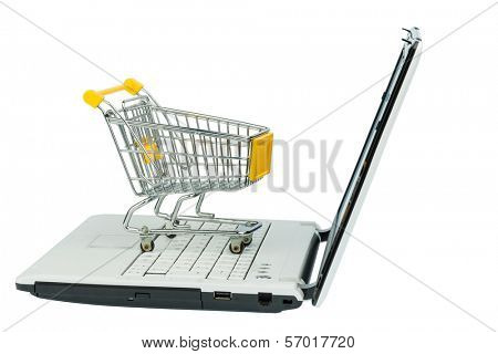 an empty shopping cart on a laptop computer. symbolic photo for shopping on the internet